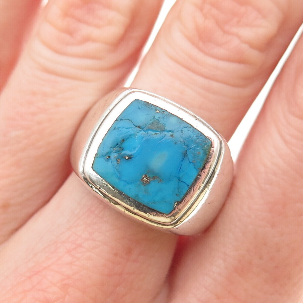 925 Sterling Silver Vintage Real Morenci Turquoise Signet Ring Size 10.25